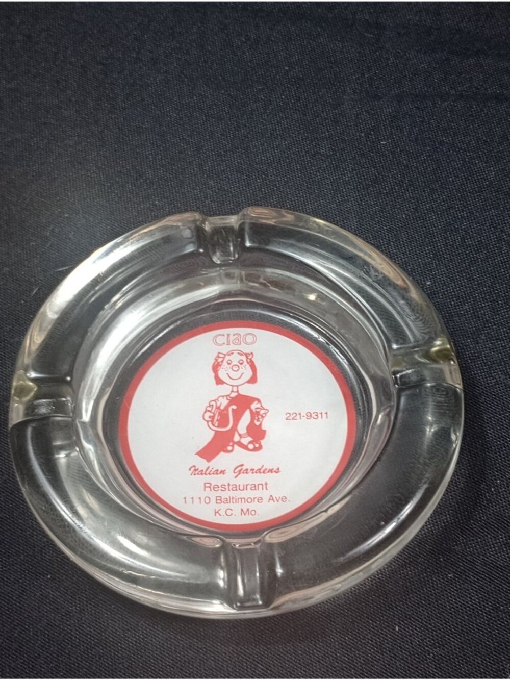 Vintage Glass " CIAO  Italian Gardens 1110 Baltimore Ave K.C. Mo 221-9311" Adver